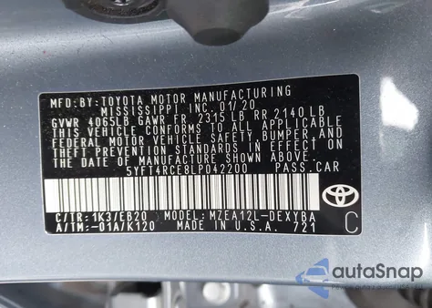 2020 Toyota Corolla Xse z USA, uszkodzony, nr VIN 5YFT4RCE8LP042200